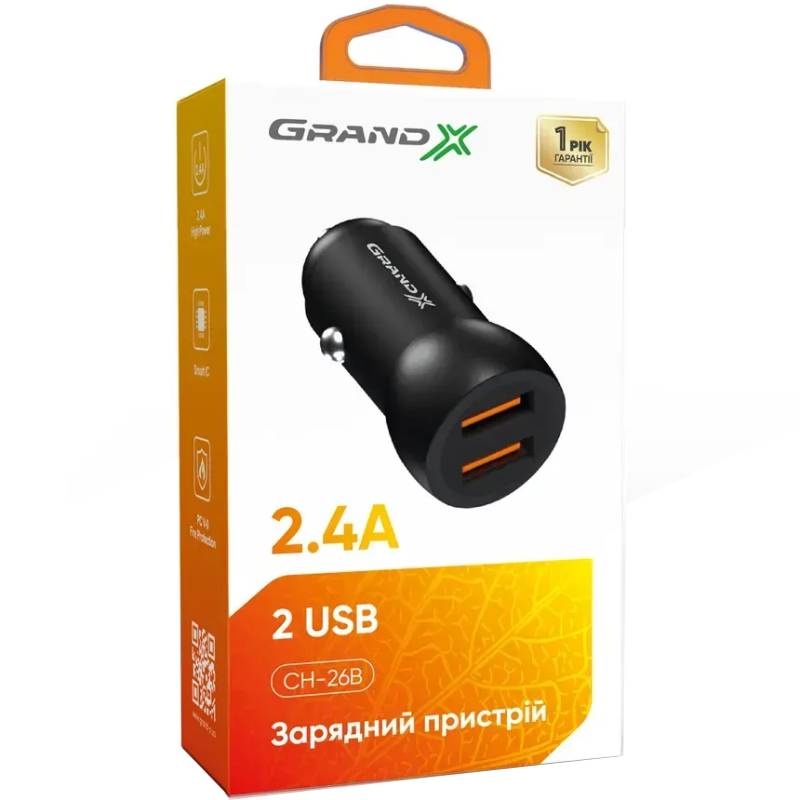 Автомобильное зарядное устройство GRAND-X CH-26B 2 USB 2,4 А12-24V Black Кабель отсутствует
