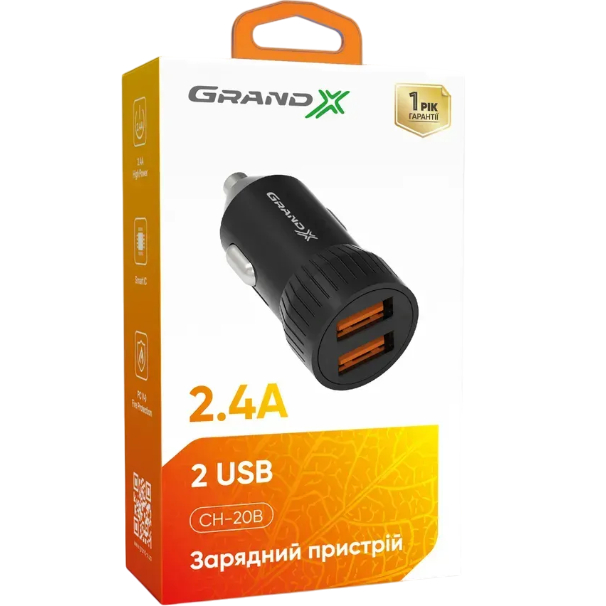 Автомобильное зарядное устройство GRAND-X 2 USB 2,4А 12-24V Black (CH-20B) Тип автомобильное зарядное устройство