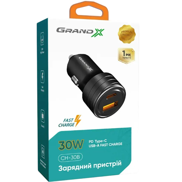 Автомобильное зарядное устройство GRAND-X Type-C - USB 30W Black (CH-30B) Тип автомобильное зарядное устройство