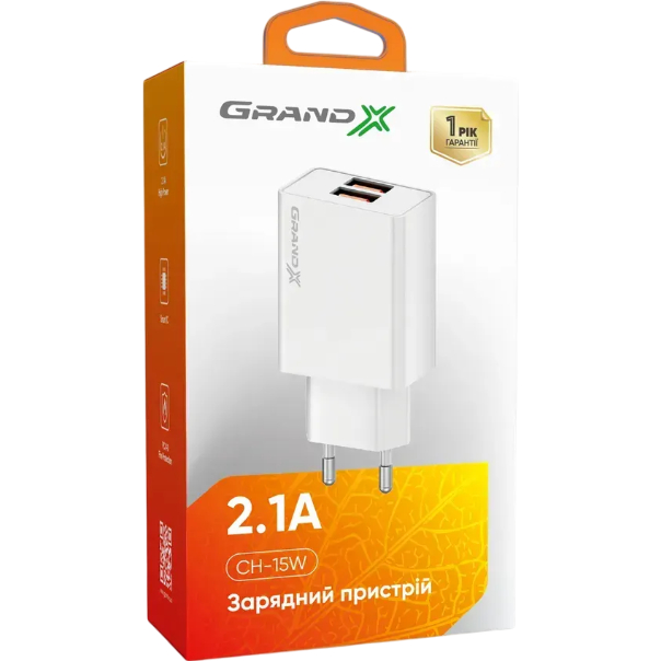 Сетевое зарядное устройство GRAND-X 2 USB 5V/ 2.1A White (CH-15W) Выходной разъем USB 