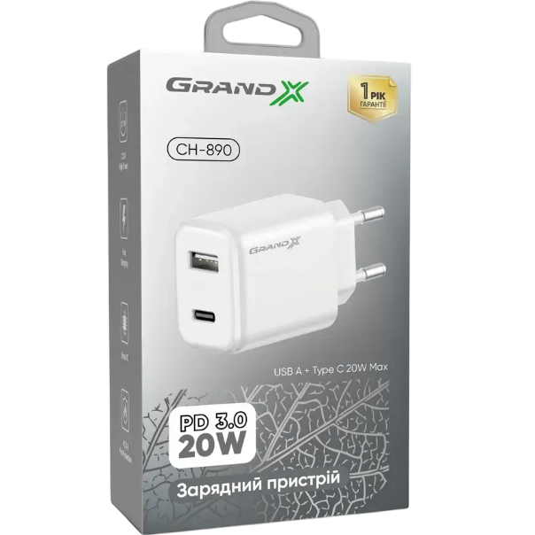 Сетевое зарядное устройство GRAND-X Fast Сharge PD3.0 QС4.0 AFC SCP FCP 1USB+1TypeC 20W White (CH-890) Тип сетевое зарядное устройство