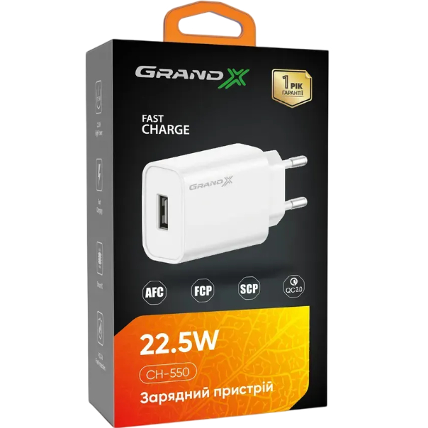 Сетевое зарядное устройство GRAND-X USB QC3.0 18W White (CH-550W) Тип сетевое зарядное устройство