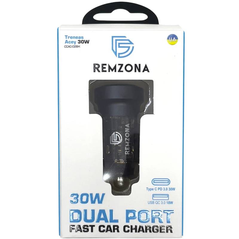 Автомобільний зарядний пристрій REMZONA Treneas Acey 30W CCAC-02BK USB+Type-C 3A 30W Black (6914067490428) Кабель відсутній