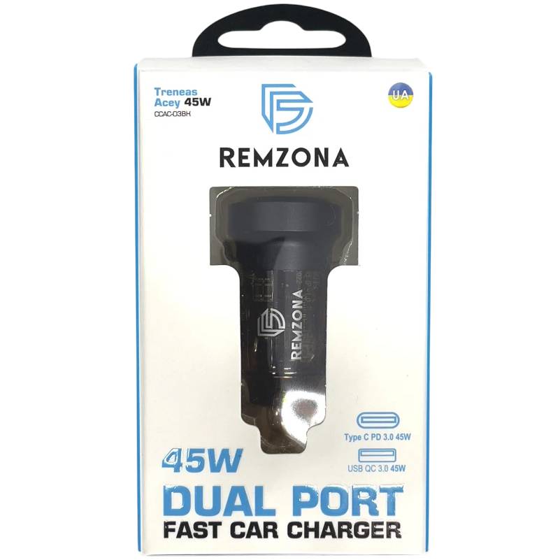 Автомобильное зарядное устройство REMZONA Treneas Acey 45W CCAC-03BK USB+Type-C 5A 45W Black (6914067490527) Кабель отсутствует