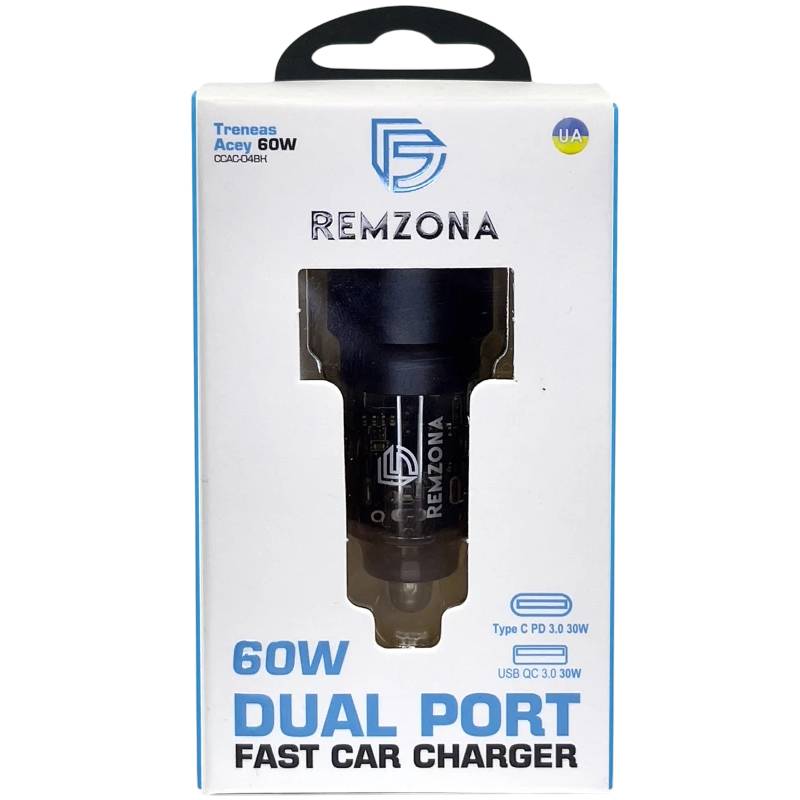 Автомобильное зарядное устройство REMZONA Treneas Acey 60W CCAC-04BK USB+Type-C 3A 60W Black (6914067490626) Кабель отсутствует