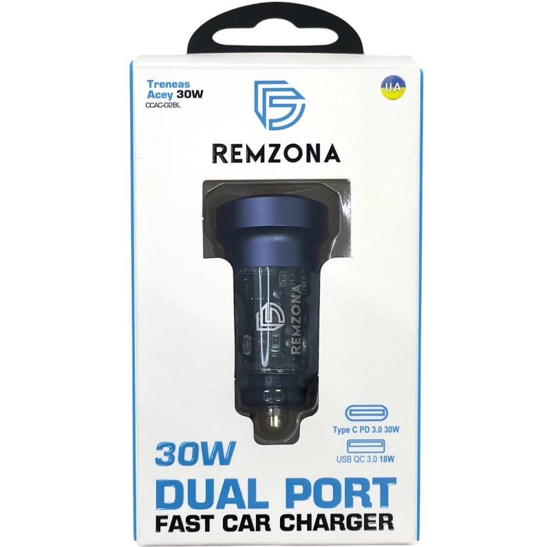 Автомобильное зарядное устройство REMZONA Treneas Acey 30W CCAC-02BL USB+Type-C 3A 30W Blue (6914067491326) Кабель отсутствует