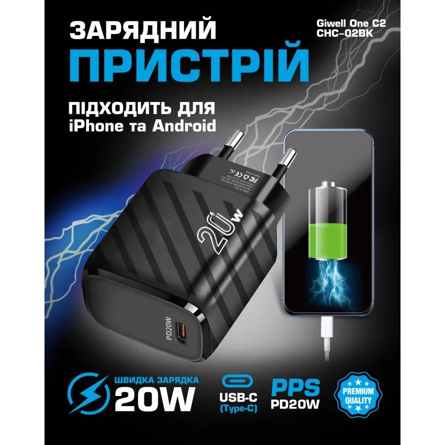 Фото Сетевое зарядное устройство REMZONA Giwell One C2 CHC-02BK PD20W (6934067820346)