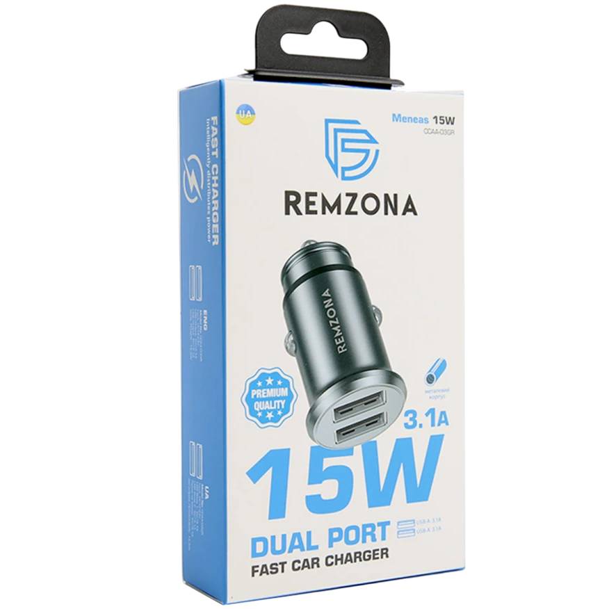 Автомобильное зарядное устройство REMZONA Meneas 15W CCAA-03GR 2USB 3.1A 15W Gray (6934247659452) Тип автомобильное зарядное устройство
