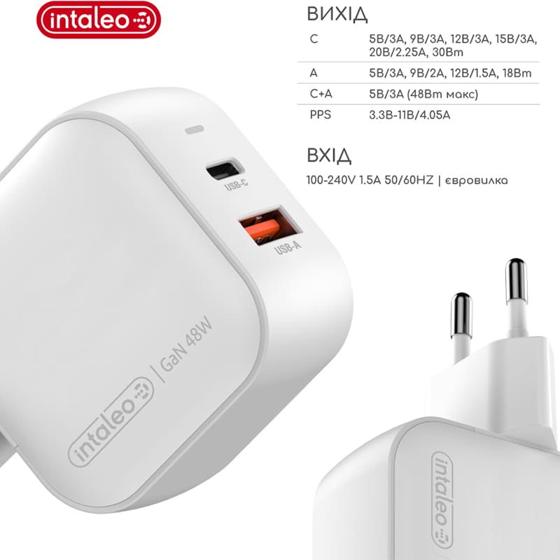 Зарядний пристрій INTALEO 48W GaN USB Type-C PD+USB-A QC 3.0 White (TCGQPD482) Кабель відсутній