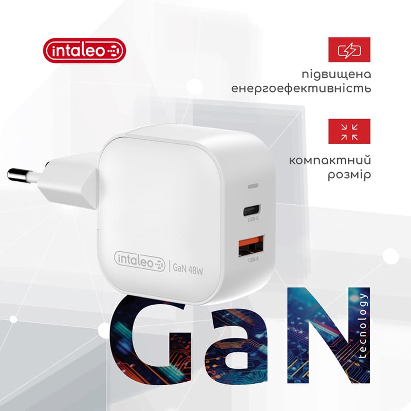 Зарядний пристрій INTALEO 48W GaN USB Type-C PD+USB-A QC 3.0 White (TCGQPD482) Тип мережевий зарядний пристрій