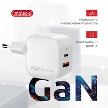 Зарядний пристрій INTALEO 48W GaN USB Type-C PD+USB-A QC 3.0 White (TCGQPD482)