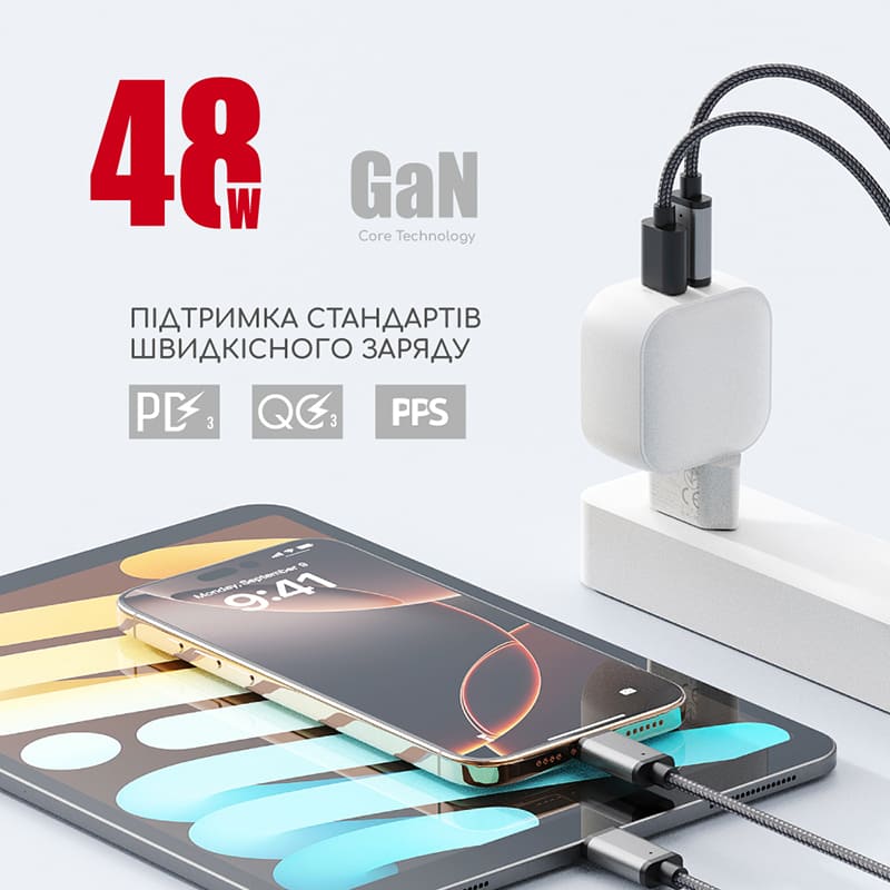 Зовнішній вигляд Зарядний пристрій INTALEO 48W GaN USB Type-C PD+USB-A QC 3.0 White (TCGQPD482)