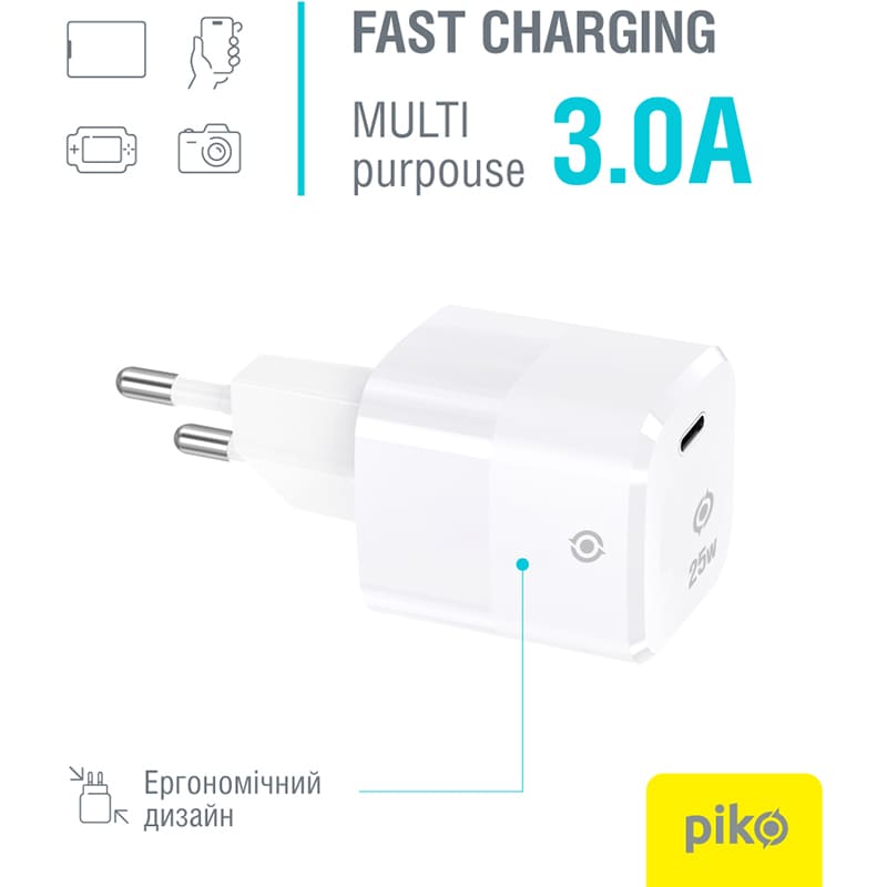 Сетевое зарядное устройство PIKO 25W GaN USB Type-C PD White (TC-PD251) Мощность 25