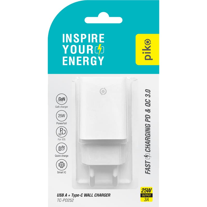Внешний вид Сетевое зарядное устройство PIKO 25W GaN USB Type-C PD+USB-A QC 3.0 White (TC-PD252)