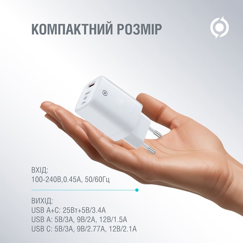 Сетевое зарядное устройство PIKO 25W GaN USB Type-C PD+USB-A QC 3.0 White (TC-PD252) Кабель отсутствует