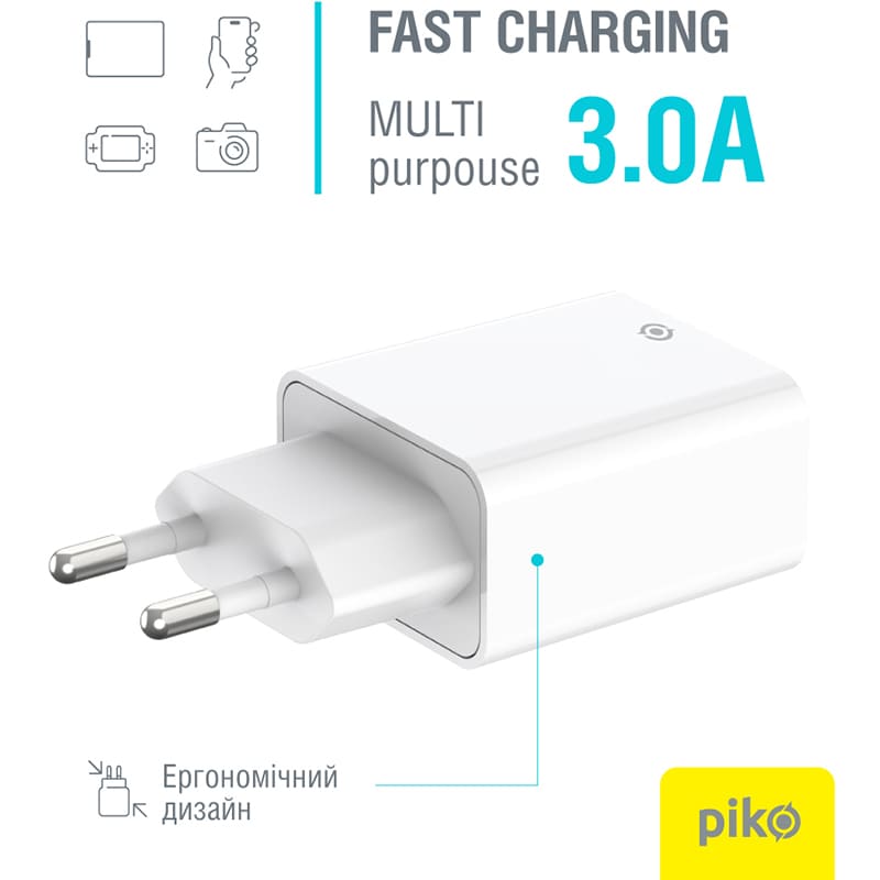 Сетевое зарядное устройство PIKO 25W GaN USB Type-C PD+USB-A QC 3.0 White (TC-PD252) Мощность 25