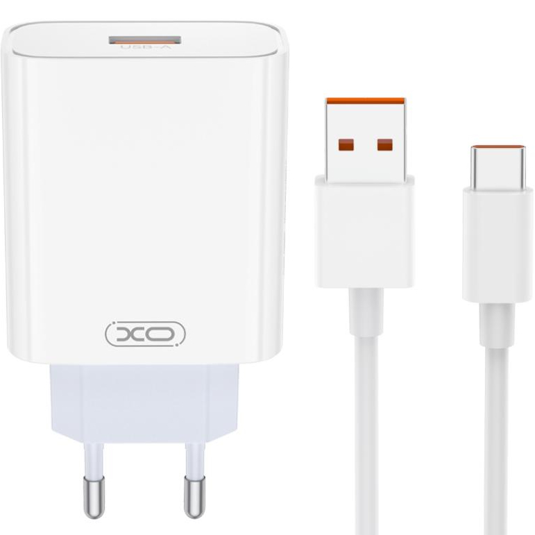 Зарядний пристрій XO L128U + кабель USB Type-C 1м White