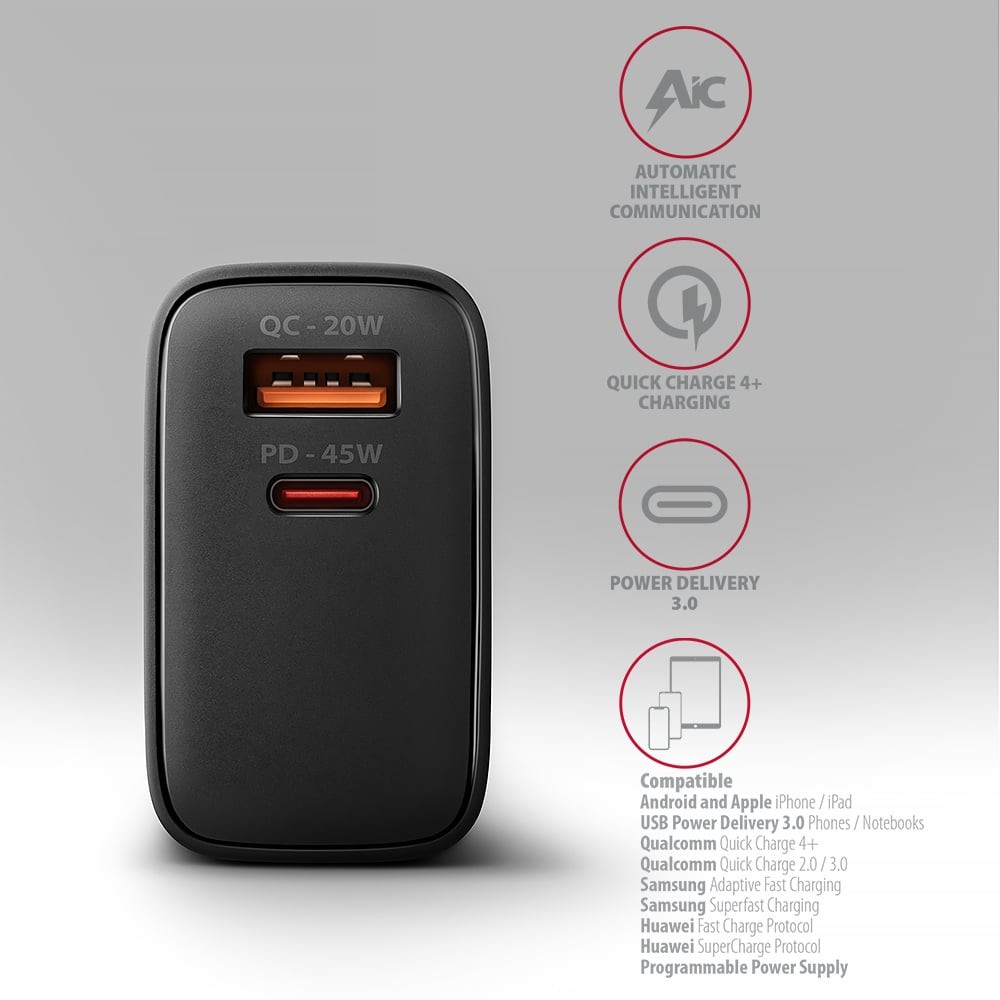 Сетевое зарядное устройство AXAGON 45W Black (ACU-PQ45) Кабель отсутствует