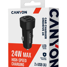 Автомобильное зарядное устройство Canyon OnDrive 24 24W 2xUSB-A Black (CNE-CCABR2AA)