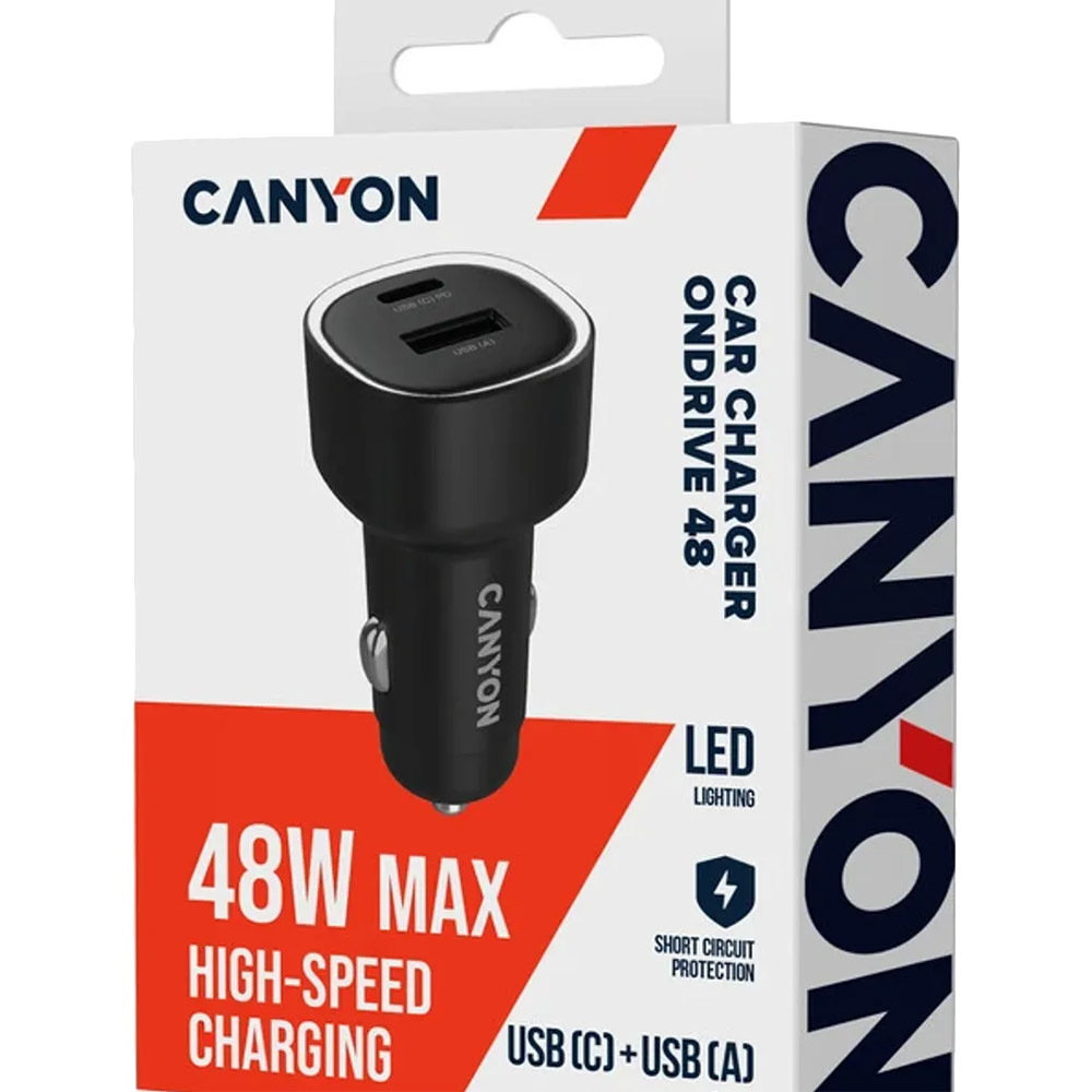 В Украине Автомобильное зарядное устройство CANYON OnDrive 48 PD 48W USB-A+USB-C Black (CNE-CCABR3AC)