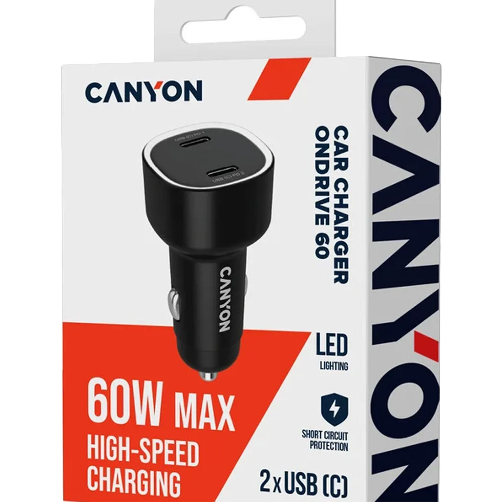 Изображение Автомобильное зарядное устройство Canyon OnDrive 60 PD 60W 2xUSB-C Black (CNE-CCABR3CC)