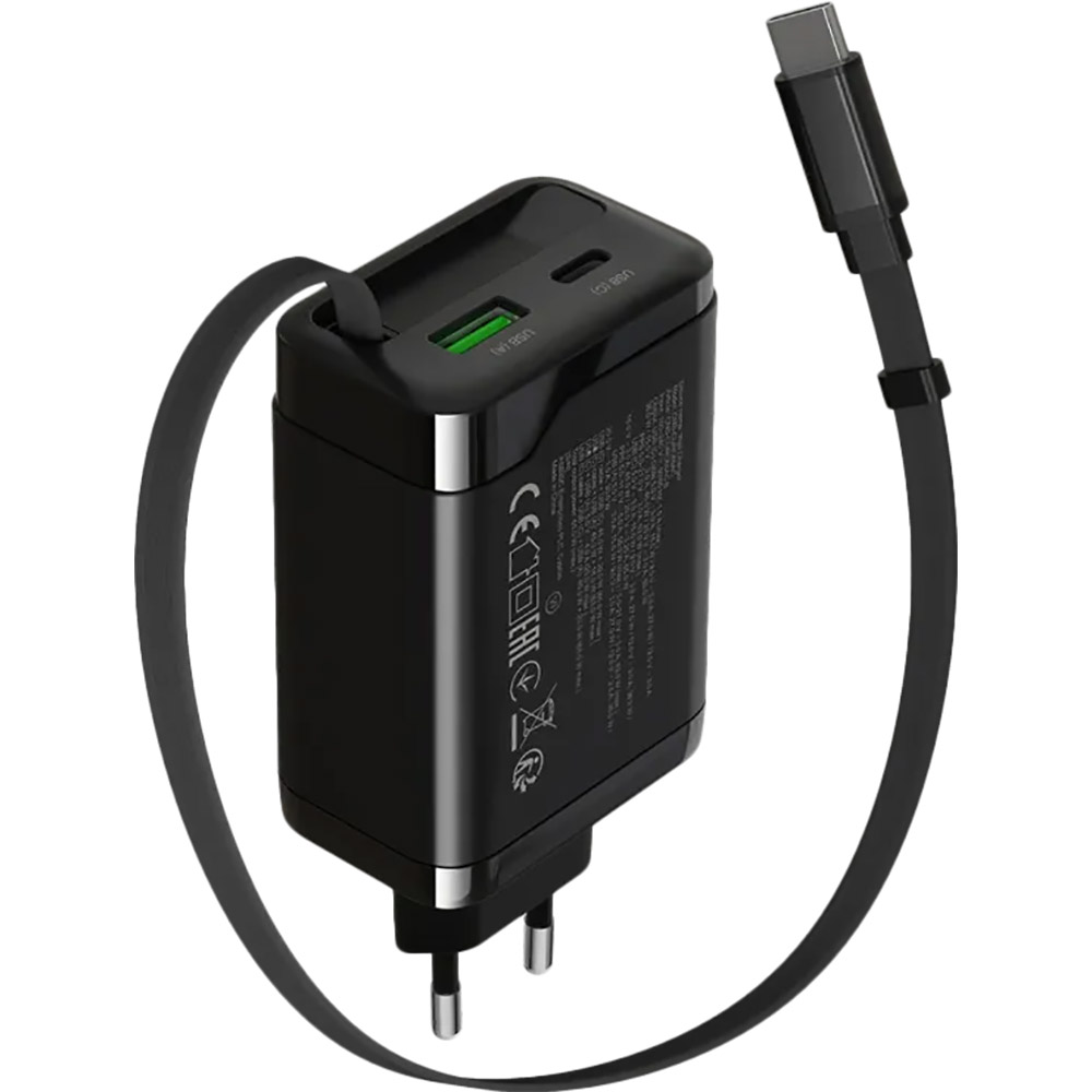 Сетевое зарядное устройство Canyon OnCharge 65RC Build-In Cable USB-C 65W 1xPD 1xQC Black (CNS-CURC65ACB) Тип сетевое зарядное устройство
