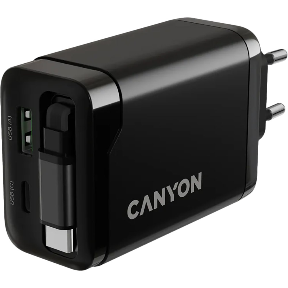 Фото Сетевое зарядное устройство Canyon OnCharge 65RC Build-In Cable USB-C 65W 1xPD 1xQC Black (CNS-CURC65ACB)