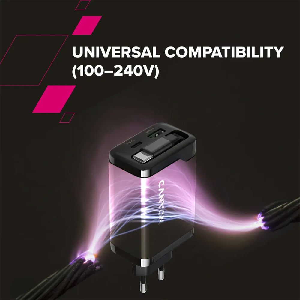 В Украине Сетевое зарядное устройство Canyon OnCharge 65RC Build-In Cable USB-C 65W 1xPD 1xQC Black (CNS-CURC65ACB)