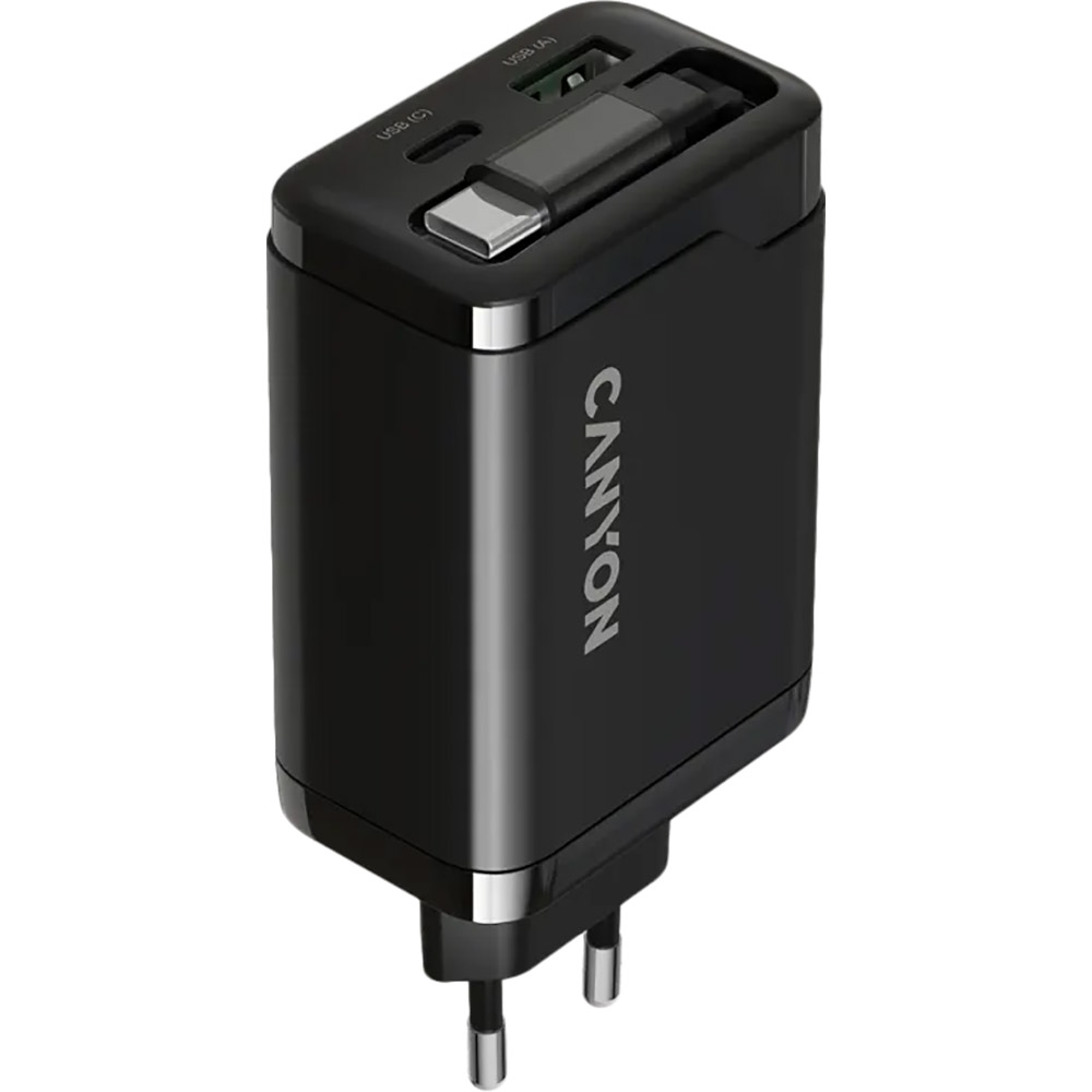 Сетевое зарядное устройство Canyon OnCharge 65RC Build-In Cable USB-C 65W 1xPD 1xQC Black (CNS-CURC65ACB) Кабель несъемный