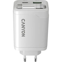 Сетевое зарядное устройство CANYON OnCharge 65RC Build-In Cable USB-C 65W 1xPD 1xQC White (CNS-CURC65ACB)
