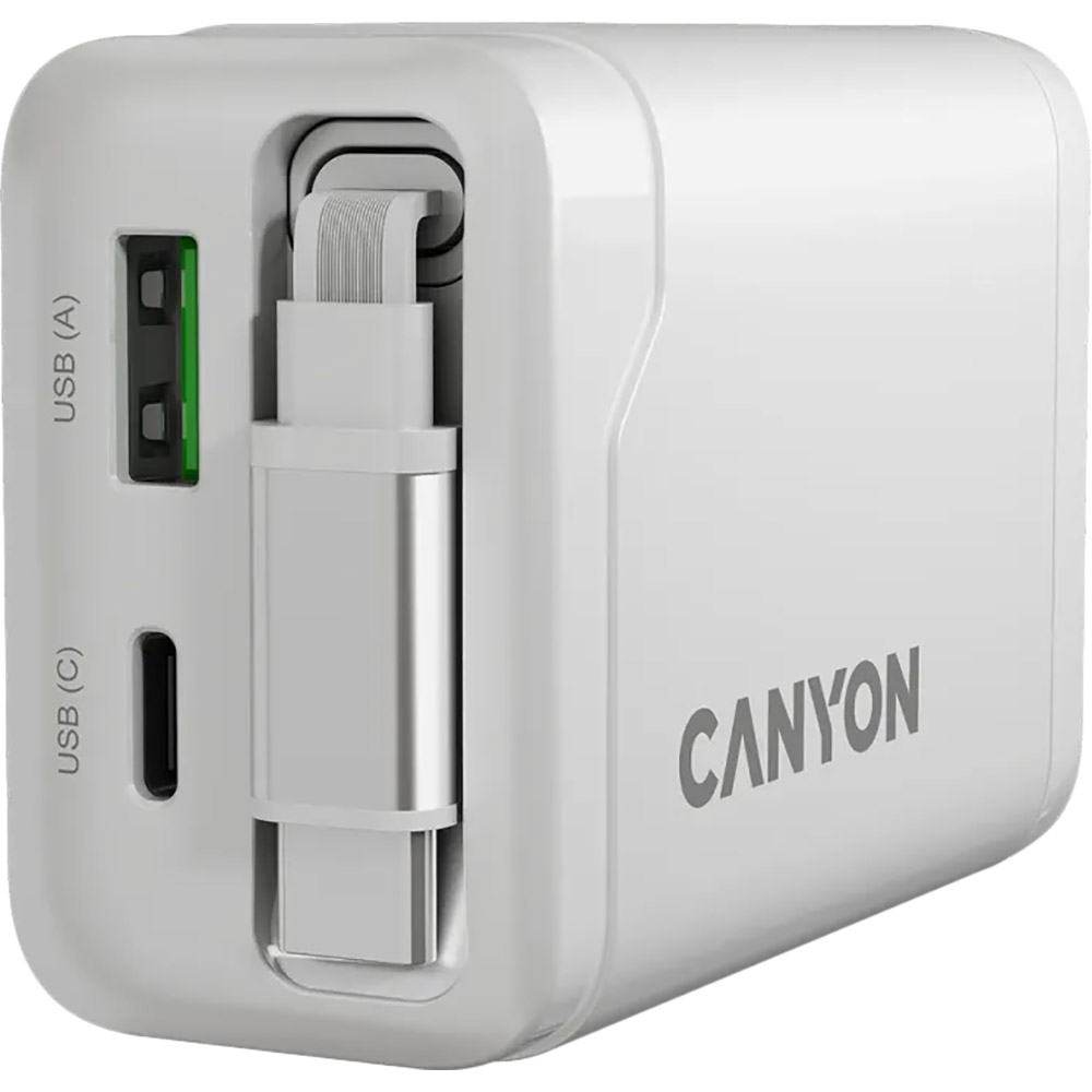 Покупка Сетевое зарядное устройство CANYON OnCharge 65RC Build-In Cable USB-C 65W 1xPD 1xQC White (CNS-CURC65ACB)