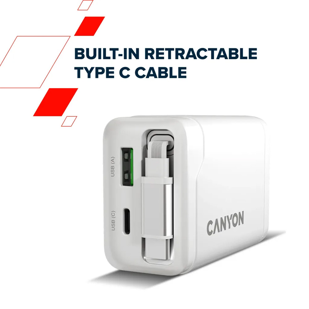 В Украине Сетевое зарядное устройство CANYON OnCharge 65RC Build-In Cable USB-C 65W 1xPD 1xQC White (CNS-CURC65ACB)