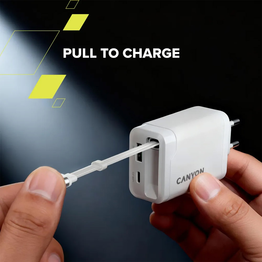 Фото 17 Сетевое зарядное устройство CANYON OnCharge 65RC Build-In Cable USB-C 65W 1xPD 1xQC White (CNS-CURC65ACB)