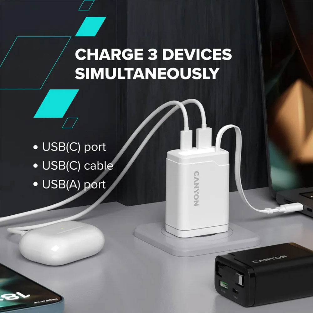 Изображение Сетевое зарядное устройство CANYON OnCharge 65RC Build-In Cable USB-C 65W 1xPD 1xQC White (CNS-CURC65ACB)