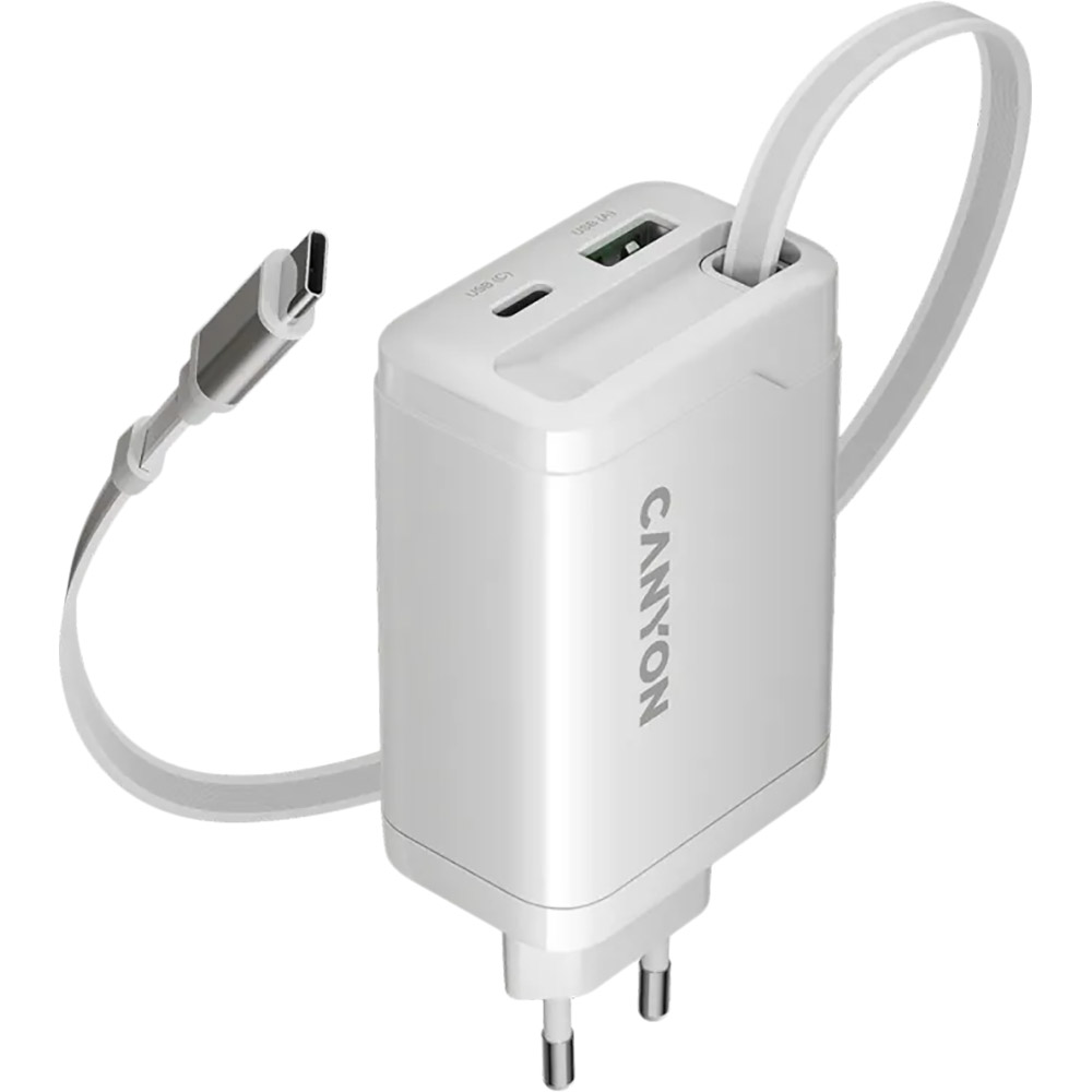 Сетевое зарядное устройство CANYON OnCharge 65RC Build-In Cable USB-C 65W 1xPD 1xQC White (CNS-CURC65ACB) Мощность 65