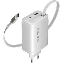 Сетевое зарядное устройство CANYON OnCharge 65RC Build-In Cable USB-C 65W 1xPD 1xQC White (CNS-CURC65ACB)