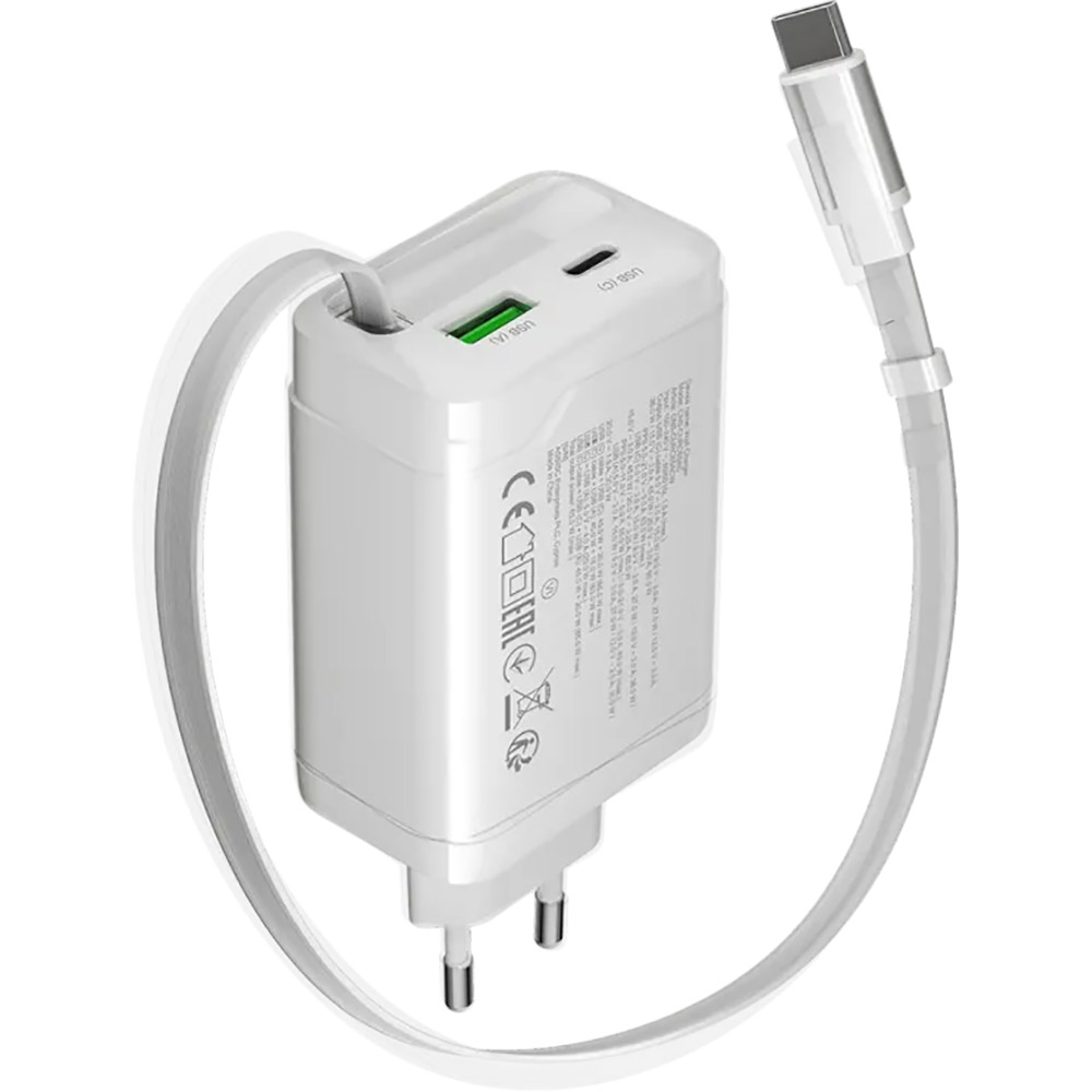Сетевое зарядное устройство CANYON OnCharge 65RC Build-In Cable USB-C 65W 1xPD 1xQC White (CNS-CURC65ACB) Тип сетевое зарядное устройство