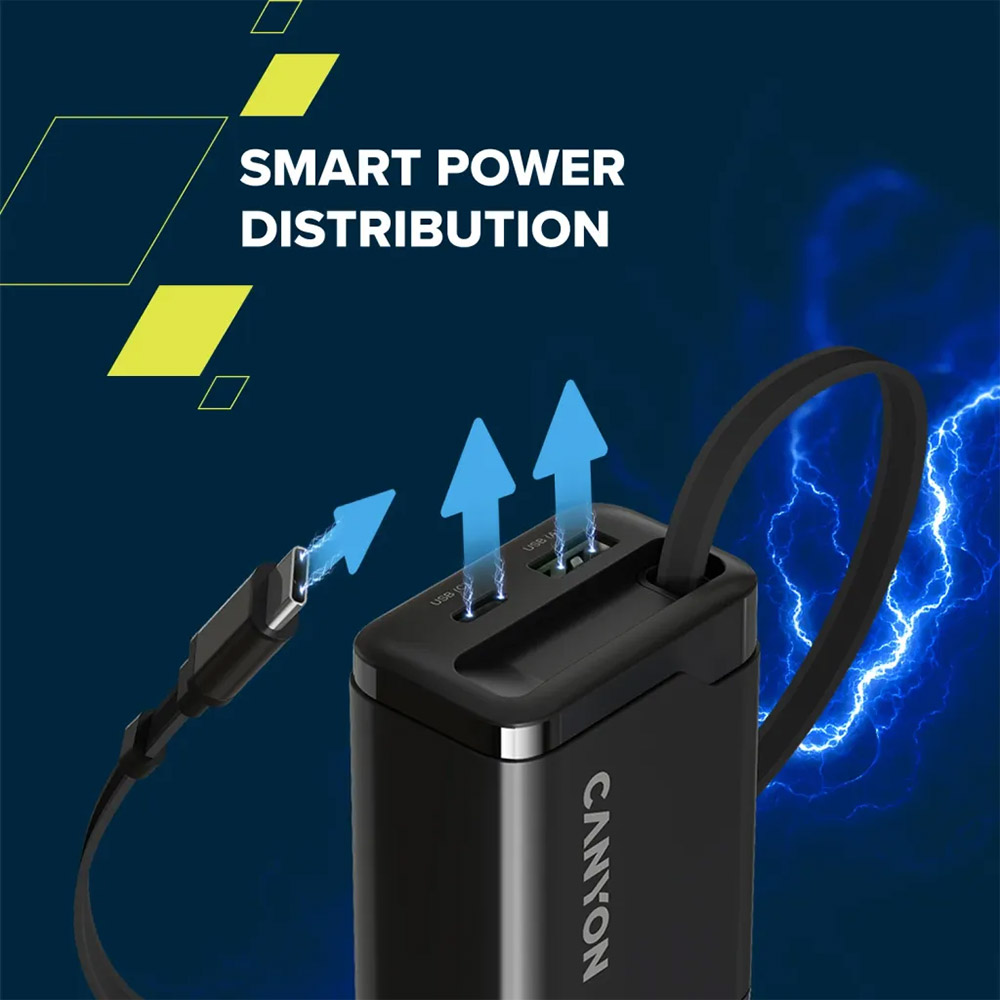 Обзор Сетевое зарядное устройство CANYON OnCharge 65RC Build-In Cable USB-C 65W 1xPD 1xQC White (CNS-CURC65ACB)