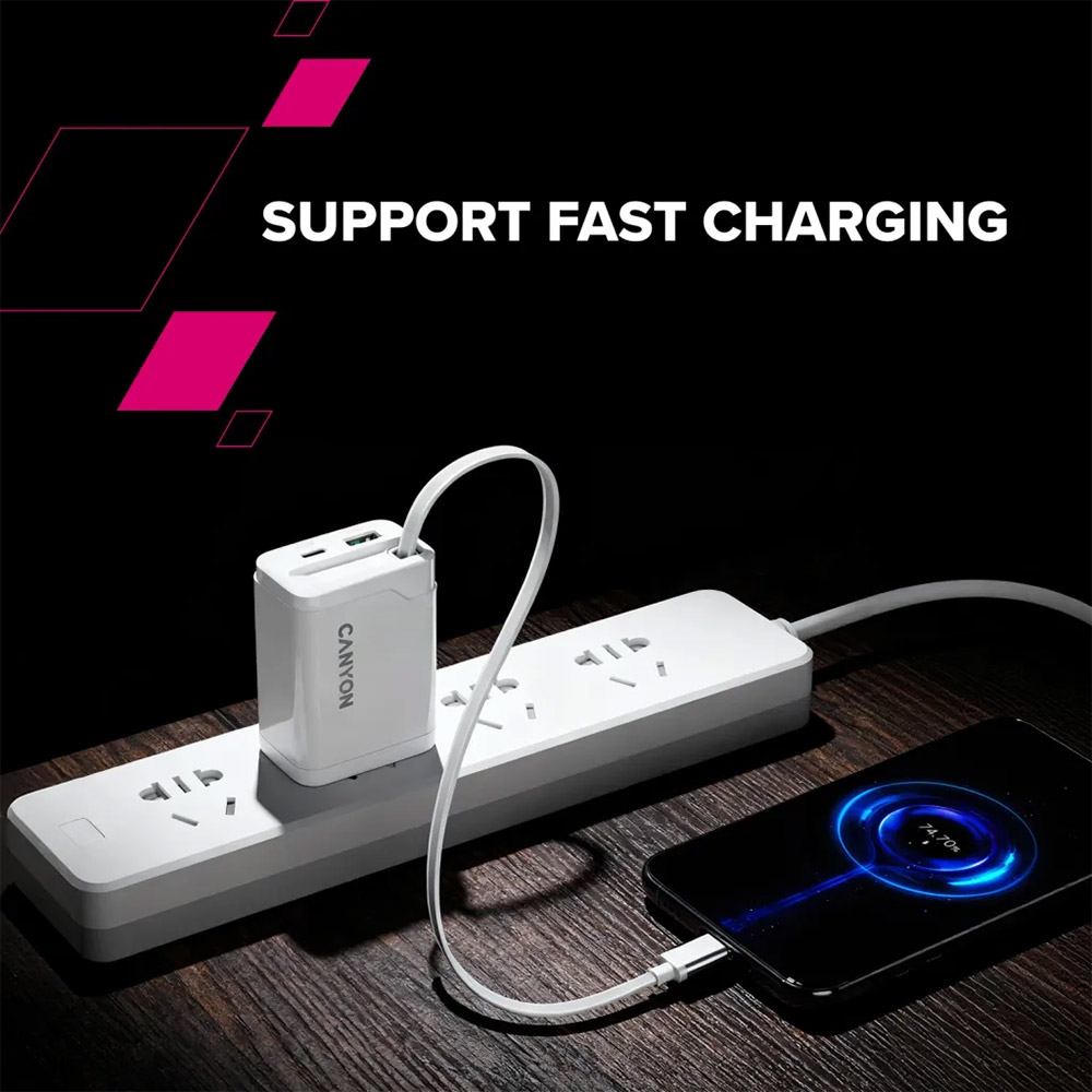 Фото 14 Сетевое зарядное устройство CANYON OnCharge 65RC Build-In Cable USB-C 65W 1xPD 1xQC White (CNS-CURC65ACB)
