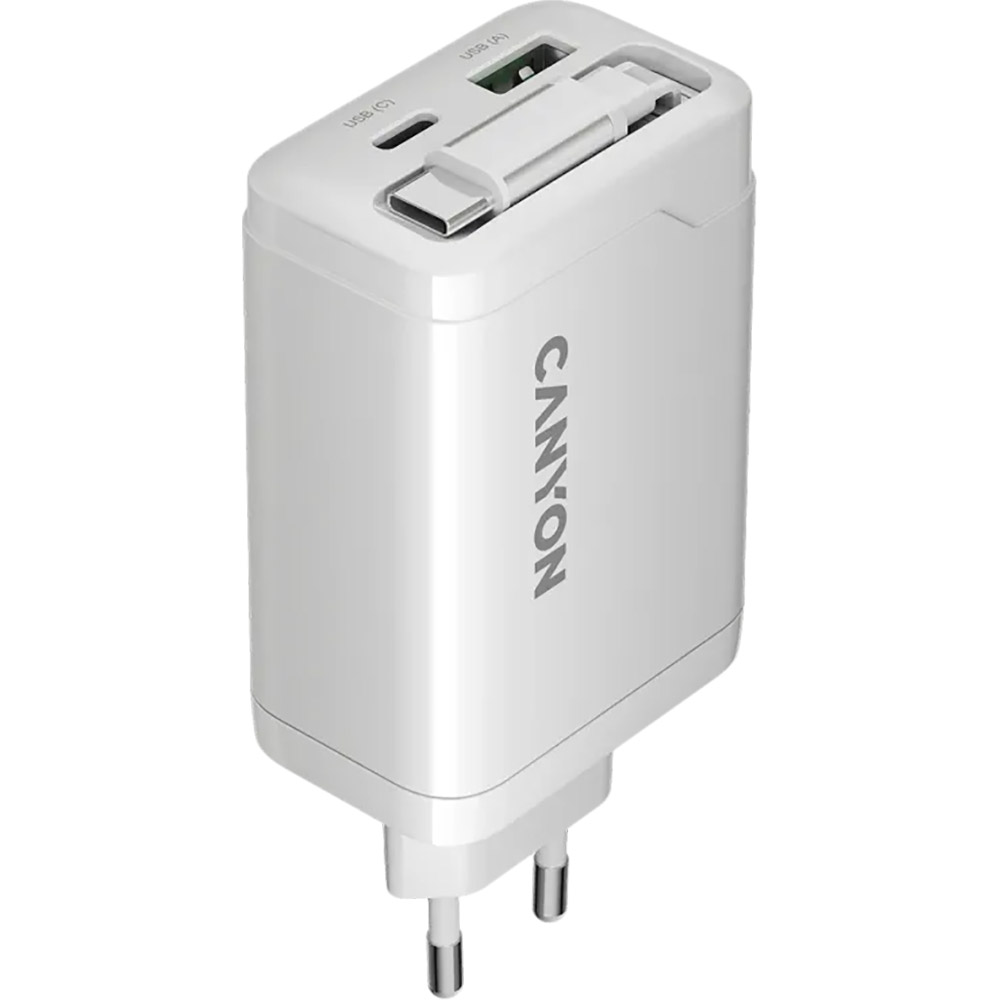 Сетевое зарядное устройство CANYON OnCharge 65RC Build-In Cable USB-C 65W 1xPD 1xQC White (CNS-CURC65ACB) Кабель несъемный