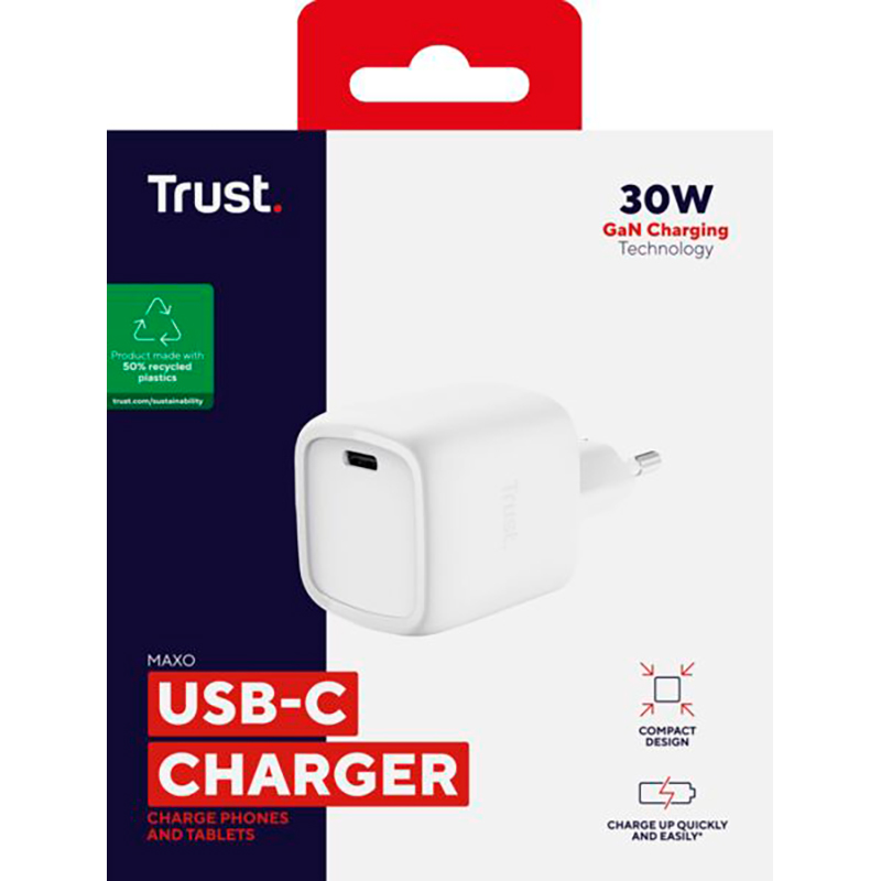 Фото Зарядний пристрій TRUST Maxo 30W GaN White (25520)