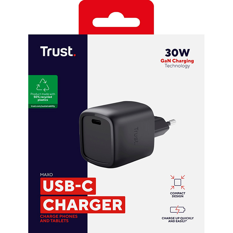 Фото Зарядний пристрій TRUST Maxo 30W GaN Black (25519)