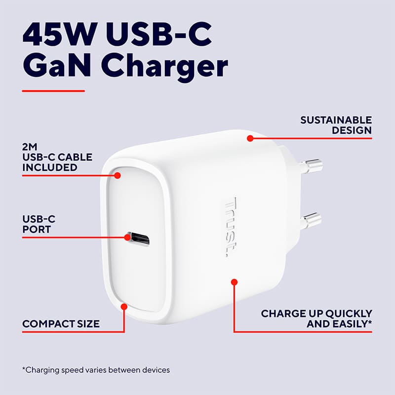 Зображення Зарядний пристрій TRUST Maxo 45W GaN White (25522)