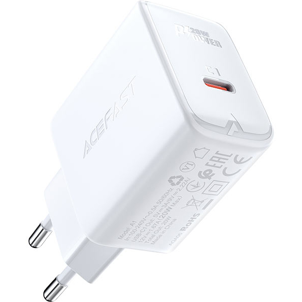 Сетевое зарядное устройство ACEFAST A1 PD20W single USB-C charger White (6974316280040)