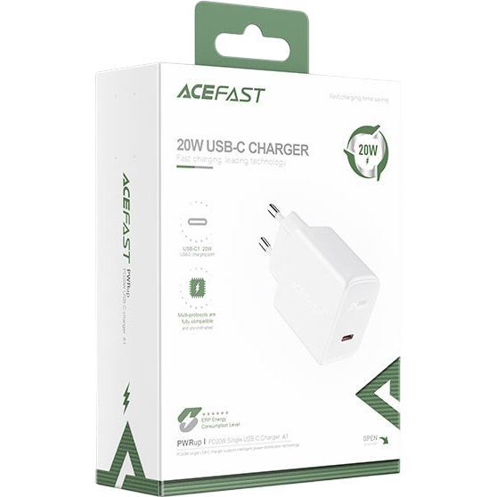 Сетевое зарядное устройство ACEFAST A1 PD20W single USB-C charger White (6974316280040) Мощность 20