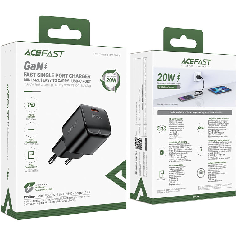 Сетевое зарядное устройство ACEFAST A73 mini PD20W GaN USB-C charger Black (6974316282648) Кабель отсутствует