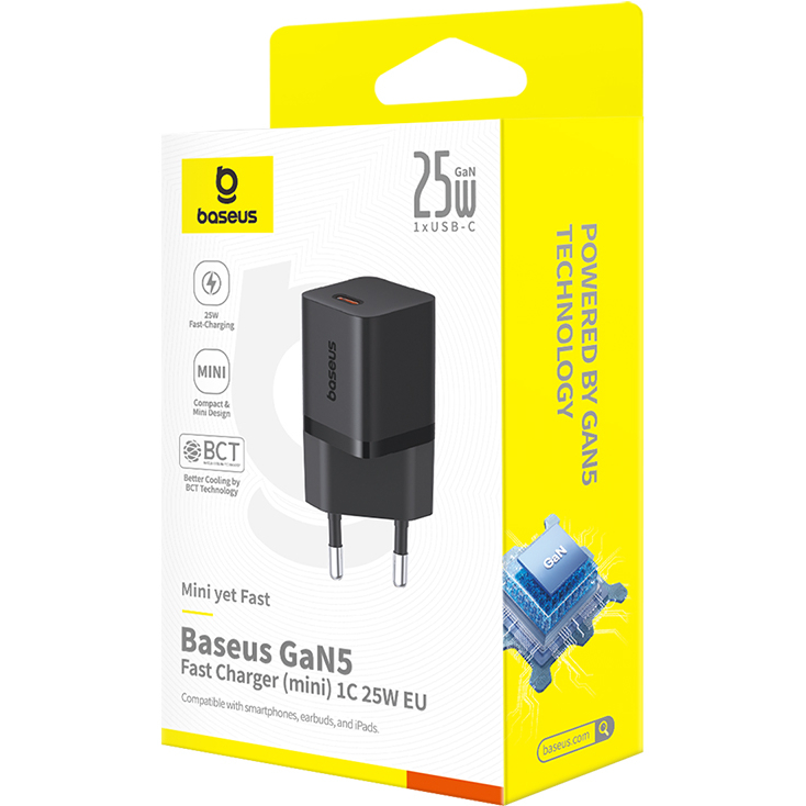 Внешний вид Сетевое зарядное устройство BASEUS GaN5 Fast Charger mini 1C 25W EU Cluster Black (P10110909113-00)