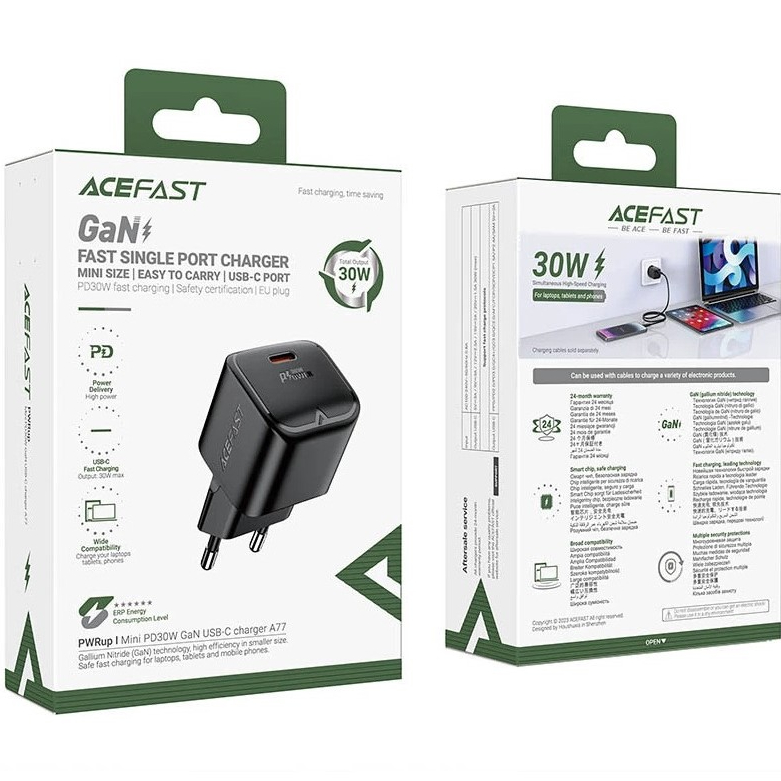 Сетевое зарядное устройство ACEFAST A77 mini PD30W GaN USB-C charger Black (6974316282662) Кабель отсутствует