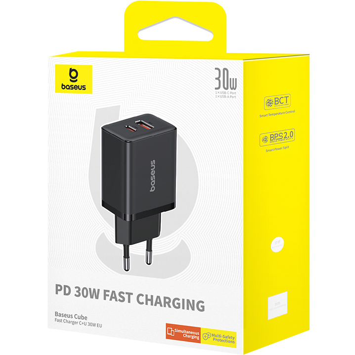 Фото Сетевое зарядное устройство BASEUS Cube Fast Charger C+U 30W EU Cluster Black (P10111404113-00)