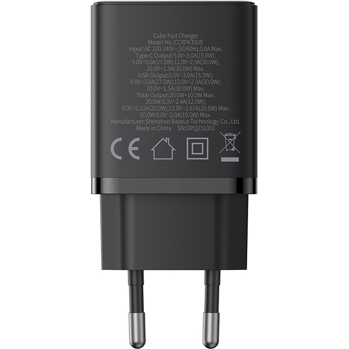 Сетевое зарядное устройство BASEUS Cube Fast Charger C+U 30W EU Cluster Black (P10111404113-00) Выходной разъем USB Type-C
